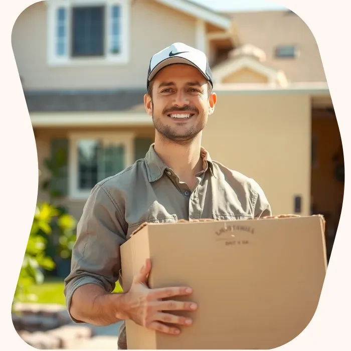 Two removalists moving boxes up stairs