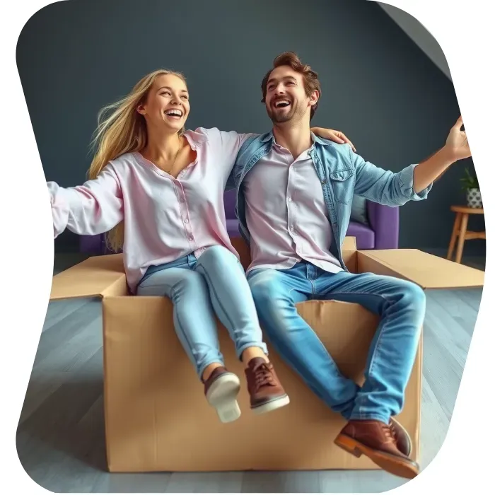 Two guys sitting on the floor of their apartment with Muval moving boxes